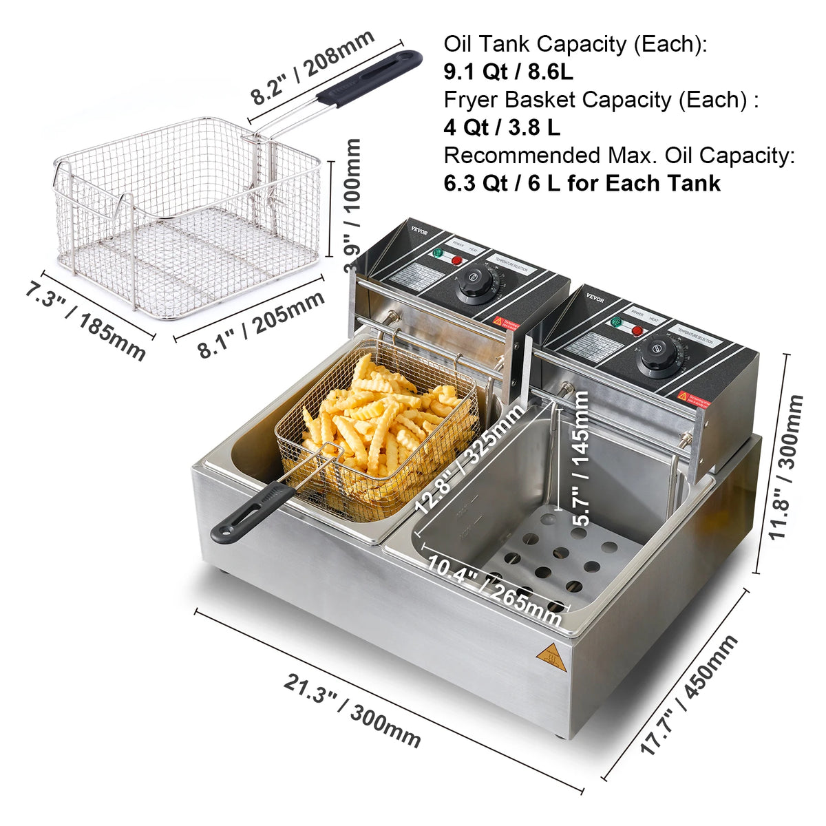 SucceBuy 12L Electric Deep Fryer w/Dual Removable Tanks Commercial Countertop Fryer for Chicken French Fries Frying Chips