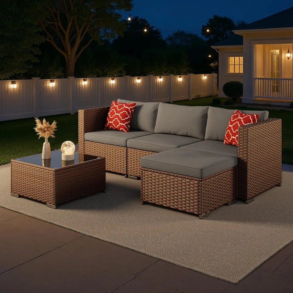 Outdoor Patio Furniture Set 5 Piece All Weather Wicker Sectional Sofa with Cushions and Glass Table Grey