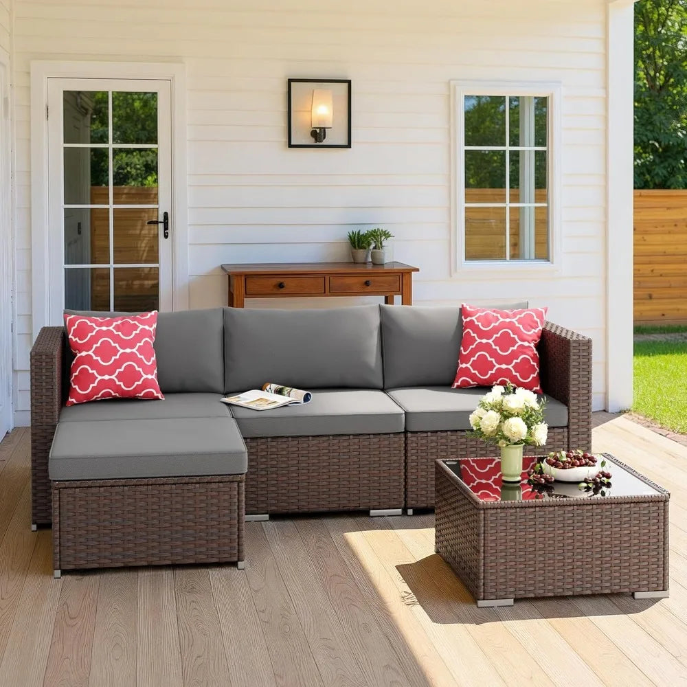 Outdoor Patio Furniture Set 5 Piece All Weather Wicker Sectional Sofa with Cushions and Glass Table Grey