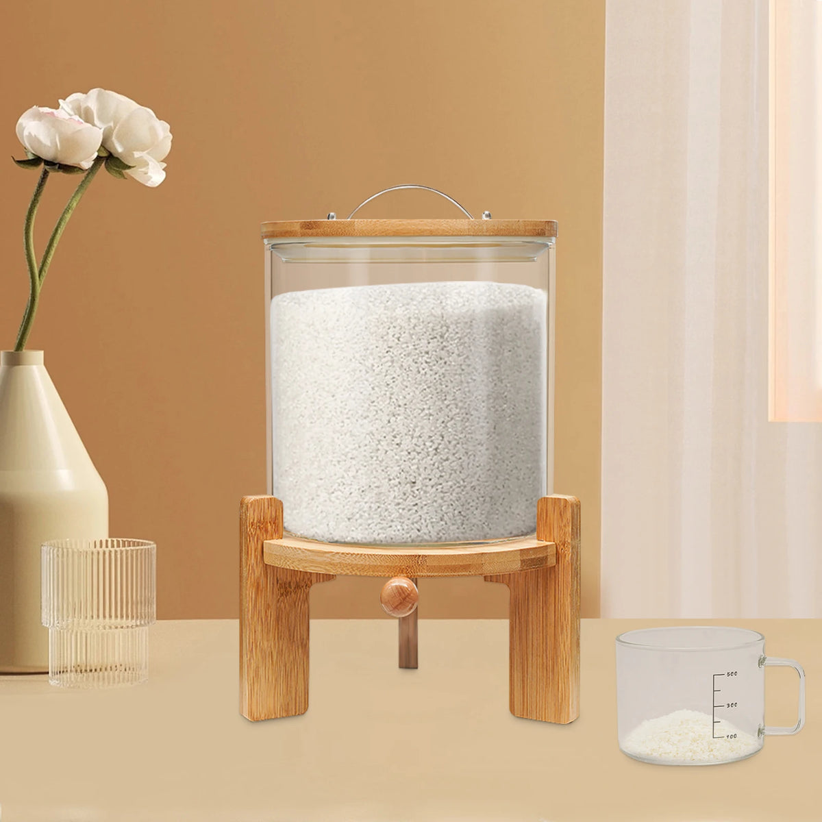 5L Clear Cereal Dispenser with Measuring Cup Glass Food Storage Container for Rice, Flour, Pet Food, Kitchen Organization