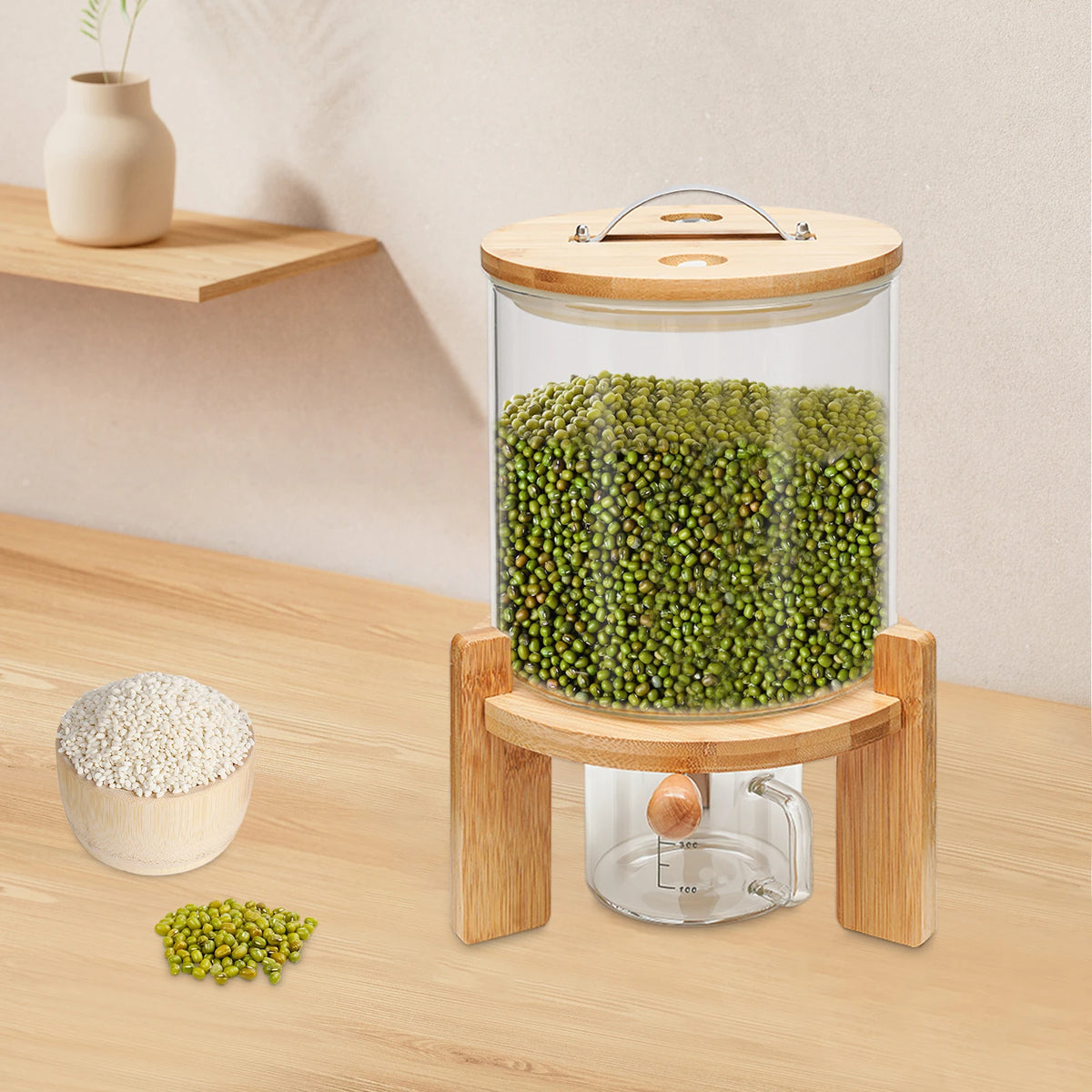 5L Clear Cereal Dispenser with Measuring Cup Glass Food Storage Container for Rice, Flour, Pet Food, Kitchen Organization