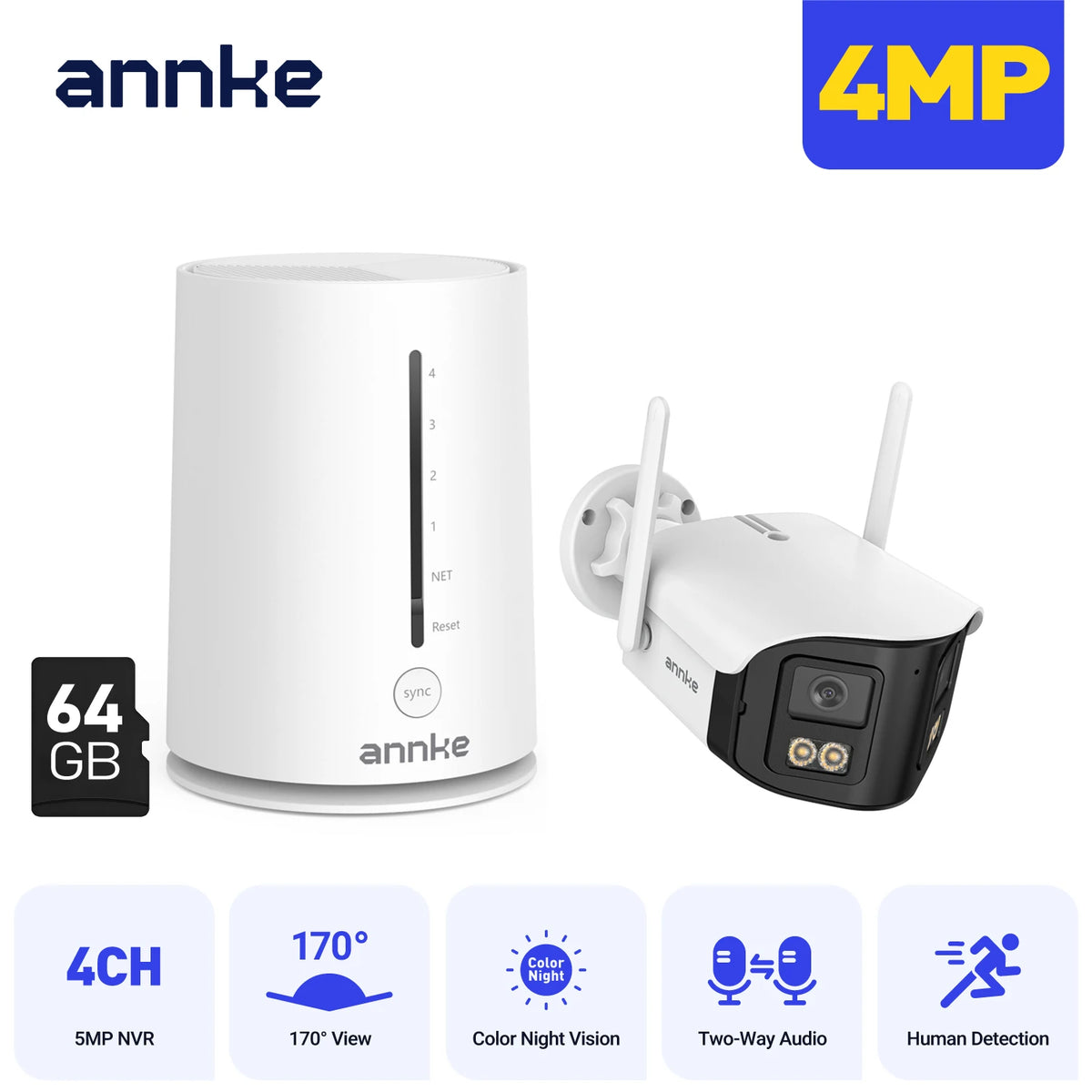 ANNKE 4MP WiFi Security Camera 4CH Wireless NVR 1/2/3/4PCS 4MP WiFi Camera Outdoor Two Way Audio 64GB TF Dual Lens POE Cameras