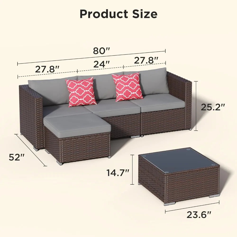 Outdoor Patio Furniture Set 5 Piece All Weather Wicker Sectional Sofa with Cushions and Glass Table Grey