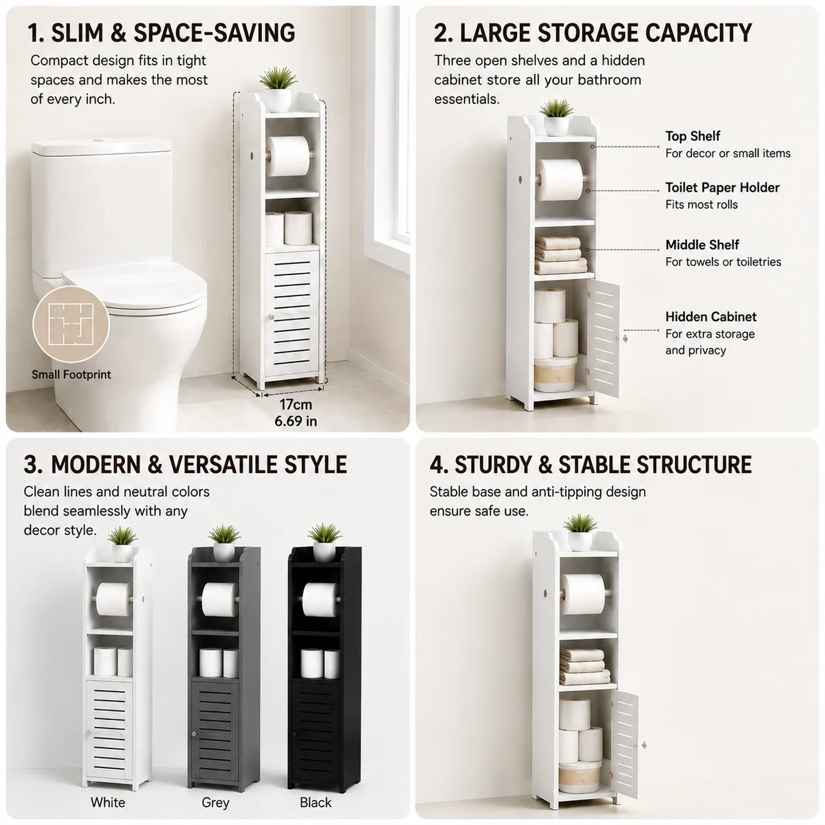 Slim Bathroom Storage Cabinet with Toilet Paper Holder, Narrow PVC Floor Storage Organizer with Shelves and Door, Space-Saving Freestanding Toilet Paper Storage Rack for Small Bathrooms