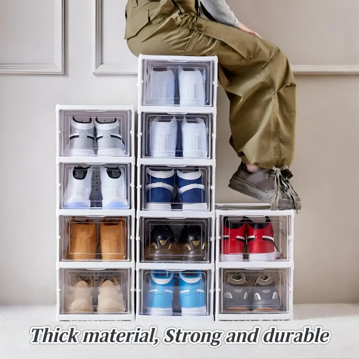 3/6 Tier Foldable Shoe Box, No Assembly Required Clear Stackable Shoe Cabinet Sneaker Storage Organizer Rack for Closet Entryway