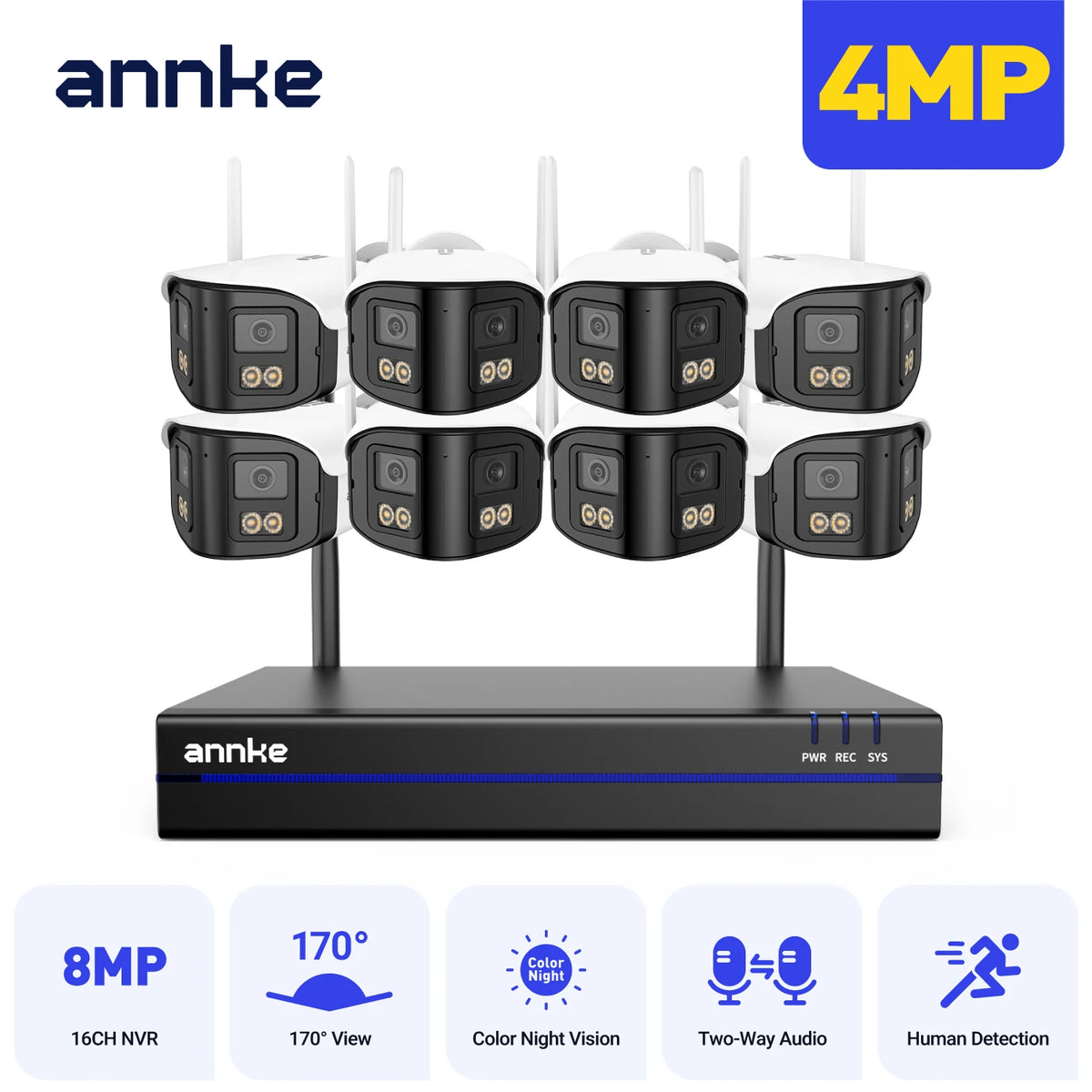 ANNKE 4MP Wireless Security System 16CH NVR 2/4/6/8PCS 4MP Wifi security camera Two Way Audio 170° Dual Lens poe cameras outdoor
