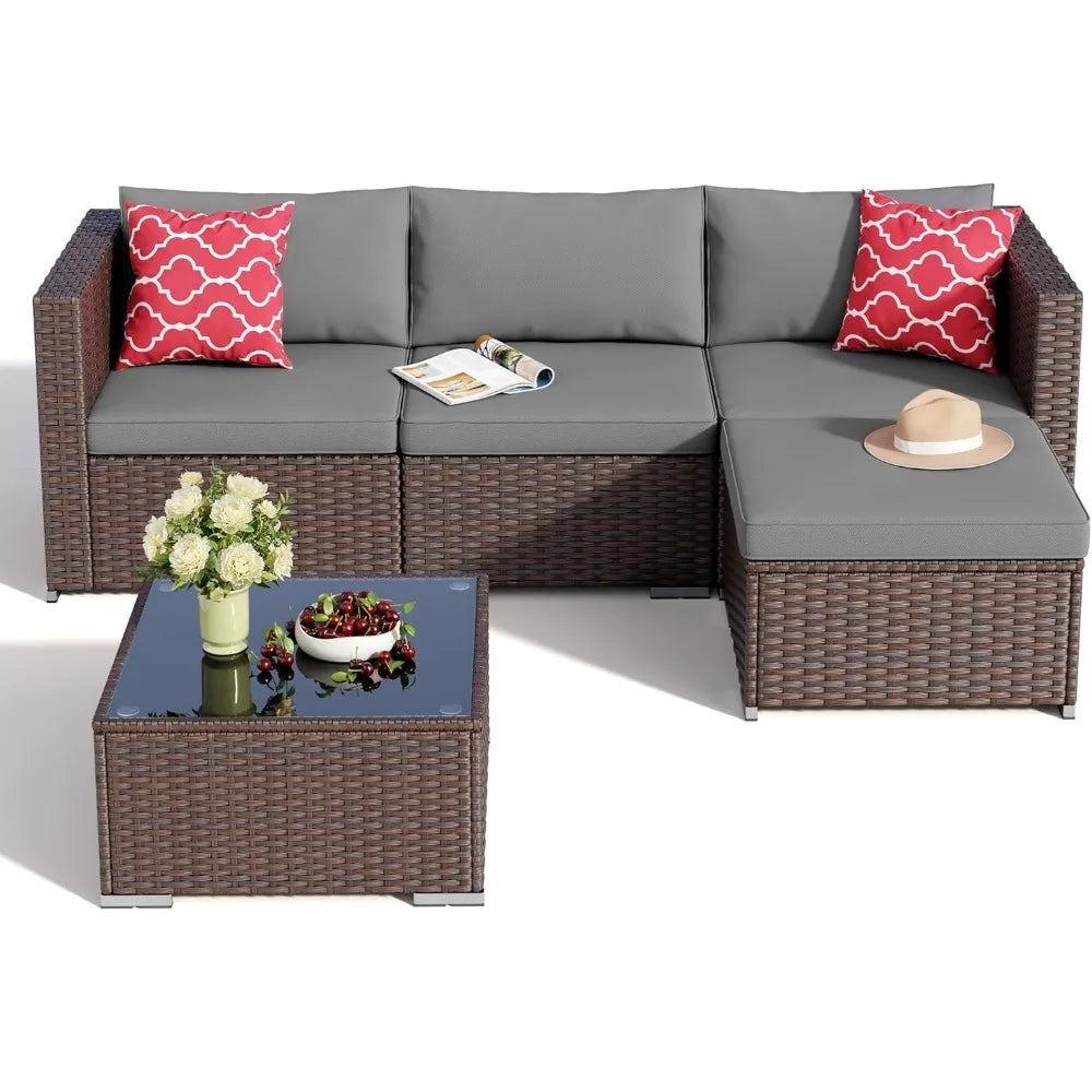 Outdoor Patio Furniture Set 5 Piece All Weather Wicker Sectional Sofa with Cushions and Glass Table Grey