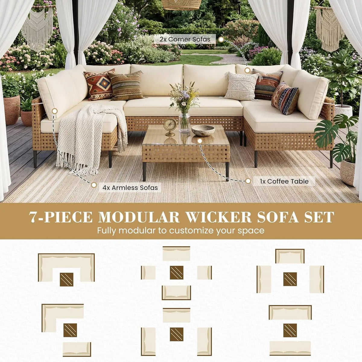 Wicker Patio Furniture Set, 7-Piece Modular Outdoor Furniture Set, High-Leg Design Sectional Patio Sofa with Glass, Customized