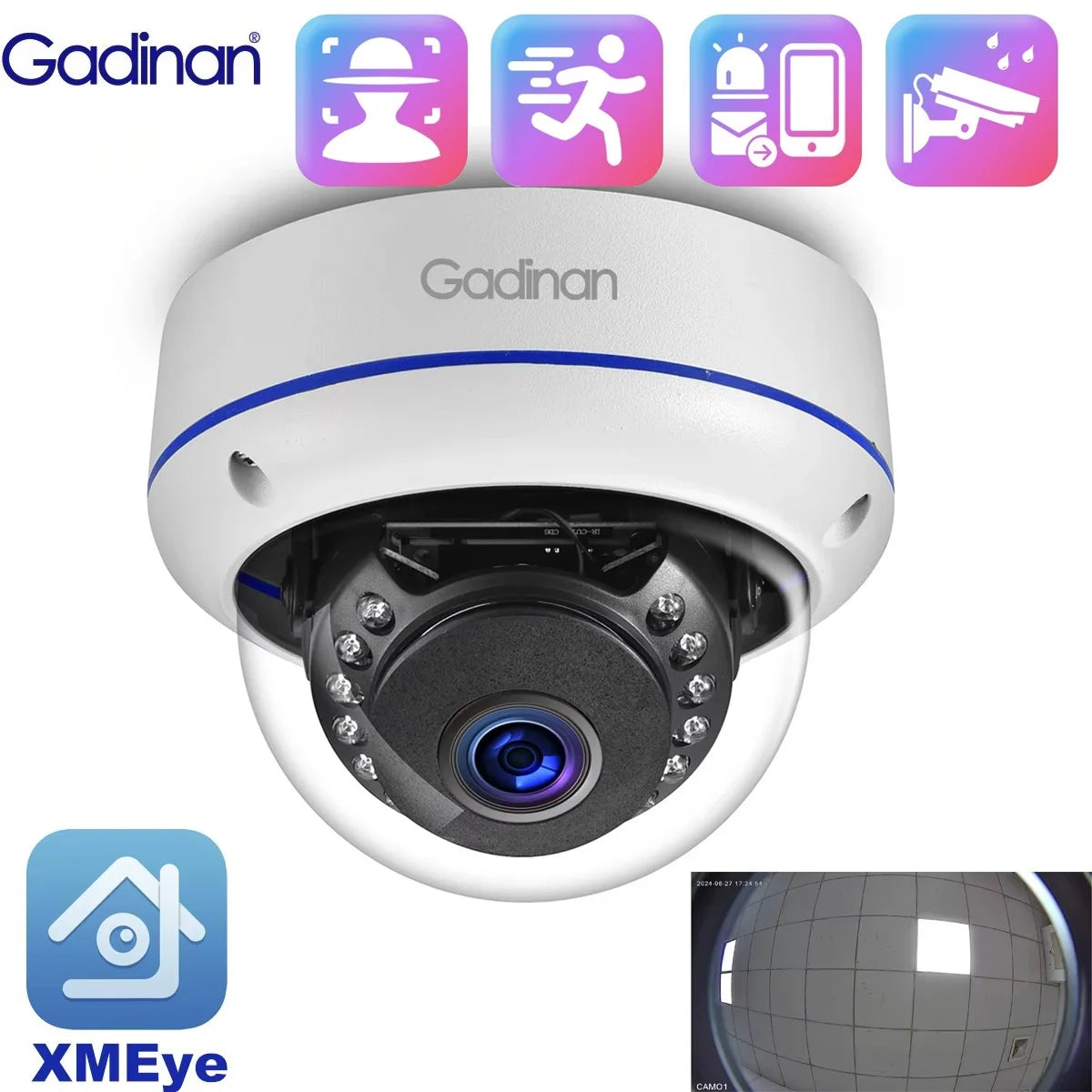 Gadinan 1.7mm Wide Angle Outdoors 4K IP Camera Face Detection POE 8MP CCTV 150 Degrees Fisheye Security Video Surveillance XMEye