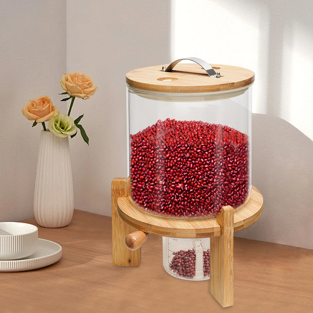 5L Clear Cereal Dispenser with Measuring Cup Glass Food Storage Container for Rice, Flour, Pet Food, Kitchen Organization