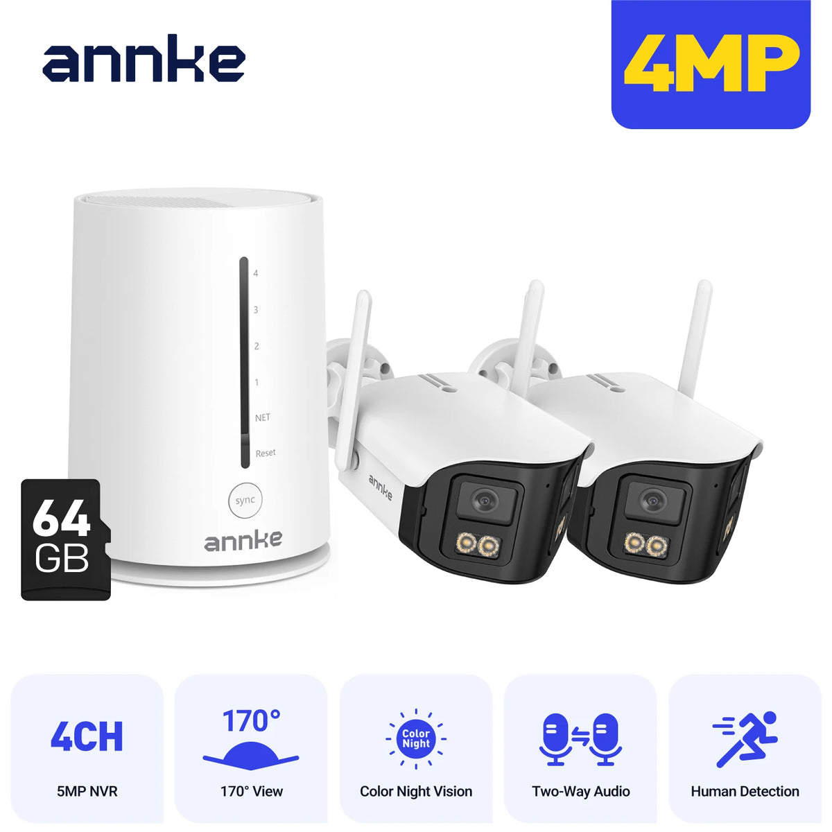ANNKE 4MP WiFi Security Camera 4CH Wireless NVR 1/2/3/4PCS 4MP WiFi Camera Outdoor Two Way Audio 64GB TF Dual Lens POE Cameras