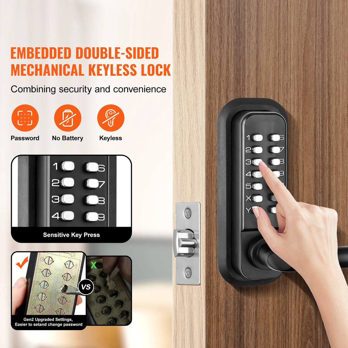 SucceBuy Mechanical Keyless Entry Door Lock Single/Double -Sided 14 Digit Keypad and Handle Embedded