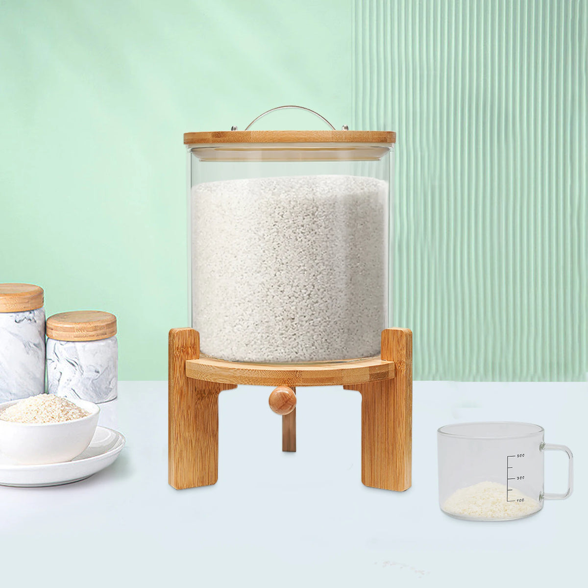 5L Clear Cereal Dispenser with Measuring Cup Glass Food Storage Container for Rice, Flour, Pet Food, Kitchen Organization