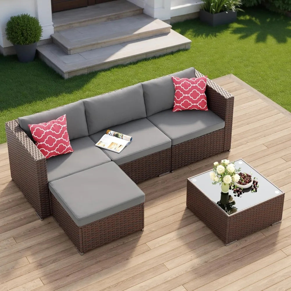 Outdoor Patio Furniture Set 5 Piece All Weather Wicker Sectional Sofa with Cushions and Glass Table Grey