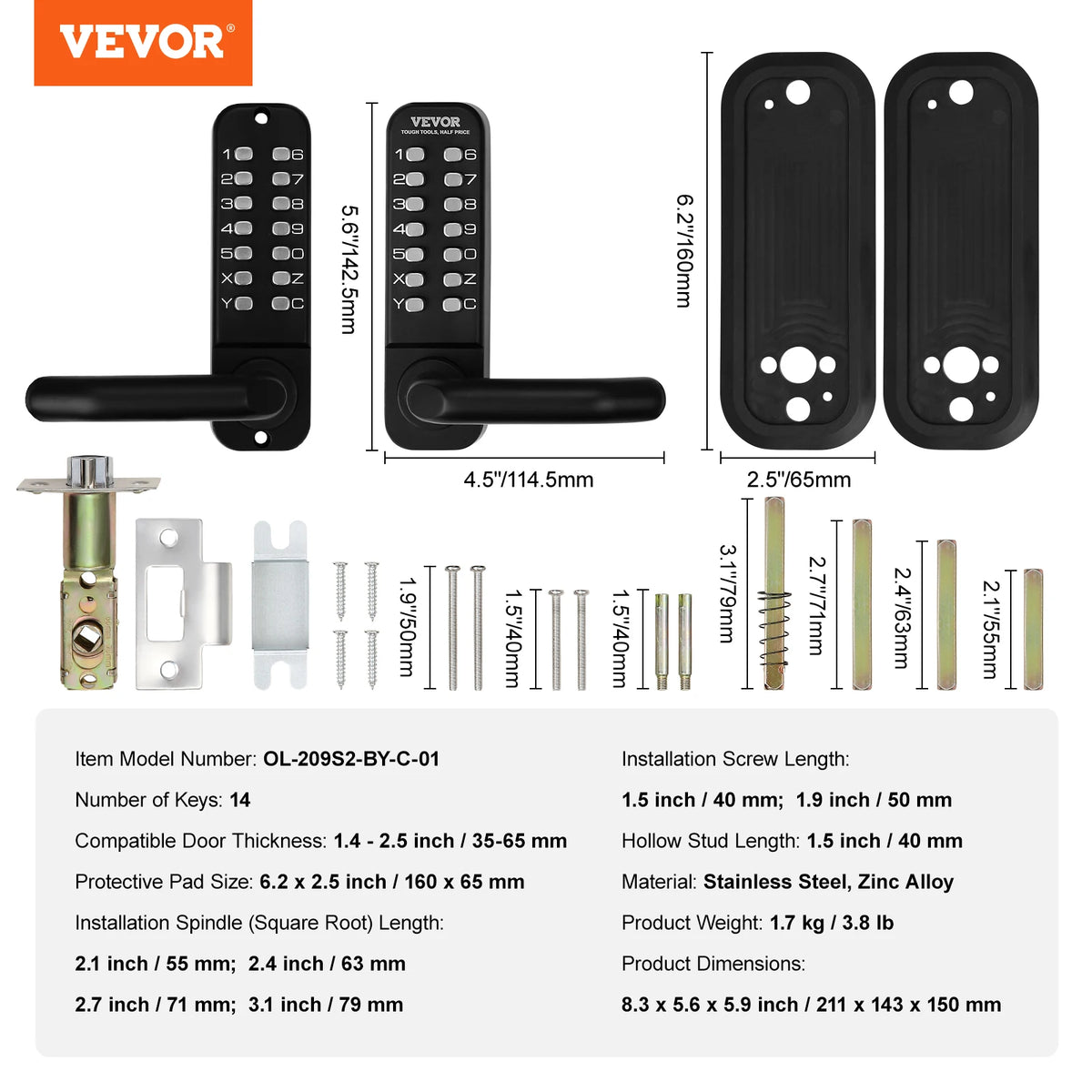 SucceBuy Mechanical Keyless Entry Door Lock Single/Double -Sided 14 Digit Keypad and Handle Embedded